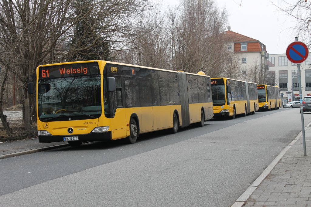 459 020-3 stand mit 2 weiteren Mercedes Bussen am 15.03.2012 an der Endhaltestelle in Lbtau.
