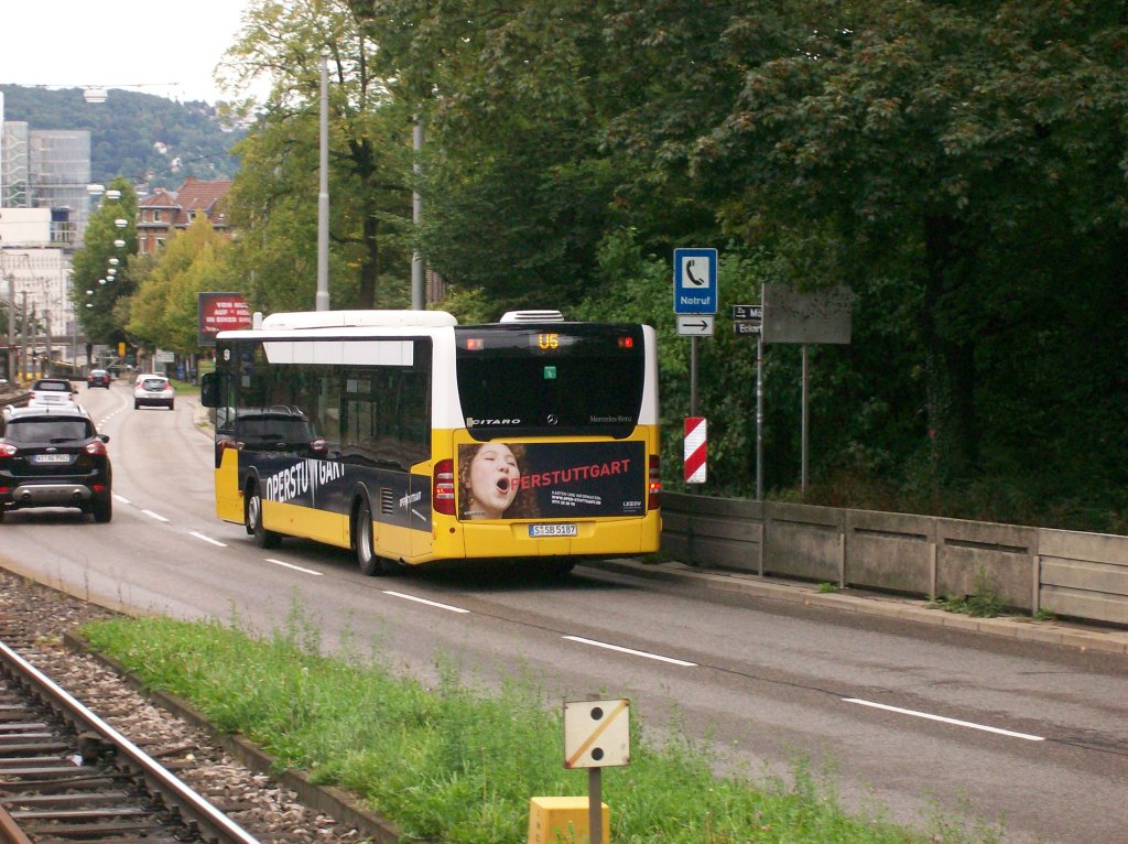 5187 der SSB-AG als U5 Erstazverkehr am 18.09.2011 am Eckhardshaldenweg (Pragfriedhof)wegen der Streckensperrung zum Killesberg (Weienhofsiedlung.) (OPER-STUTTGART/PER-STUTTGART - Werbung.)
