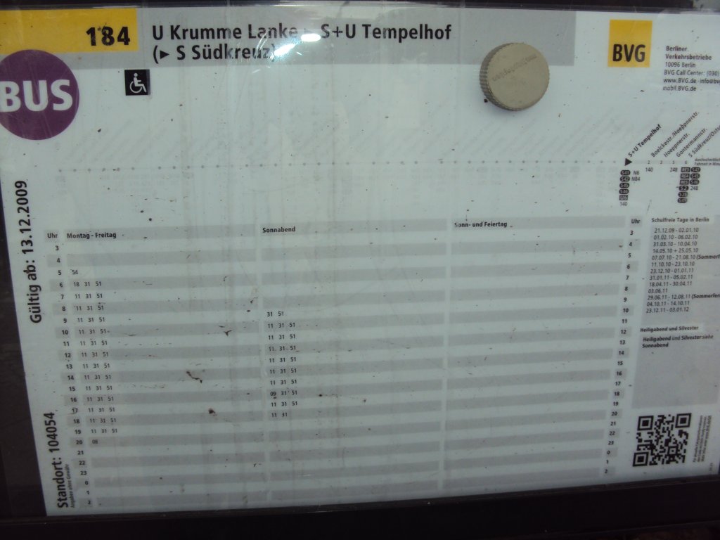 Abfahrtszeiten 184> S-Sdkreuz
am S+U-Tempelhof
