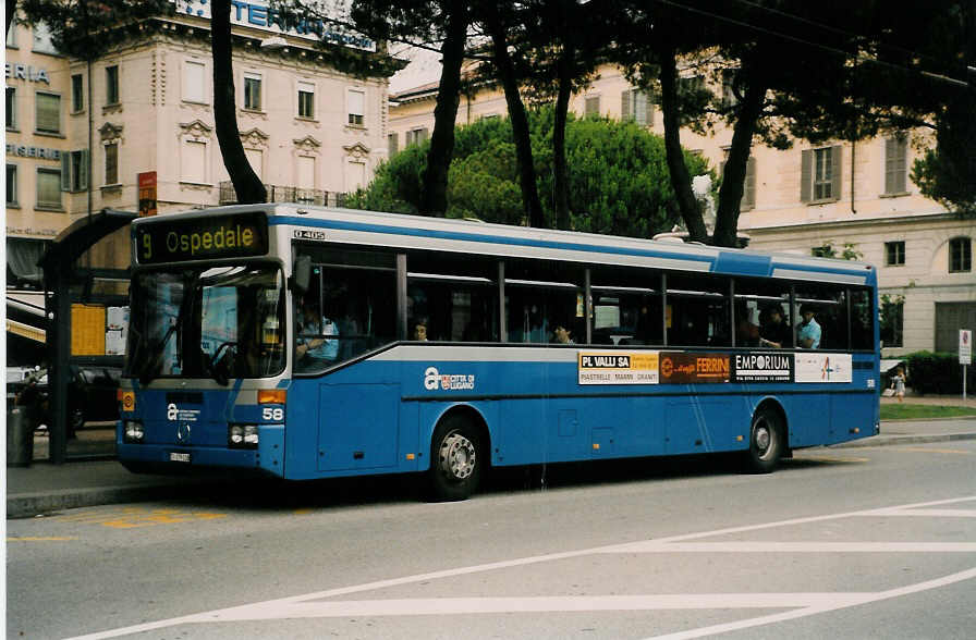 Aus dem Archiv: ACT Lugano - Nr. 58/TI 179'338 - Mercedes O 405 (ex Nr. 28) am 13. Juli 1998 in Lugano, Piazza Rezzonico
