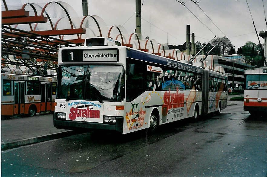 Aus dem Archiv: WV Winterthur - Nr. 153 - Mercedes O 405GTZ Gelenktrolleybus am 18. April 1999 beim Bahnhof Winterthur (mit Vollwerbung fr  Strahm )