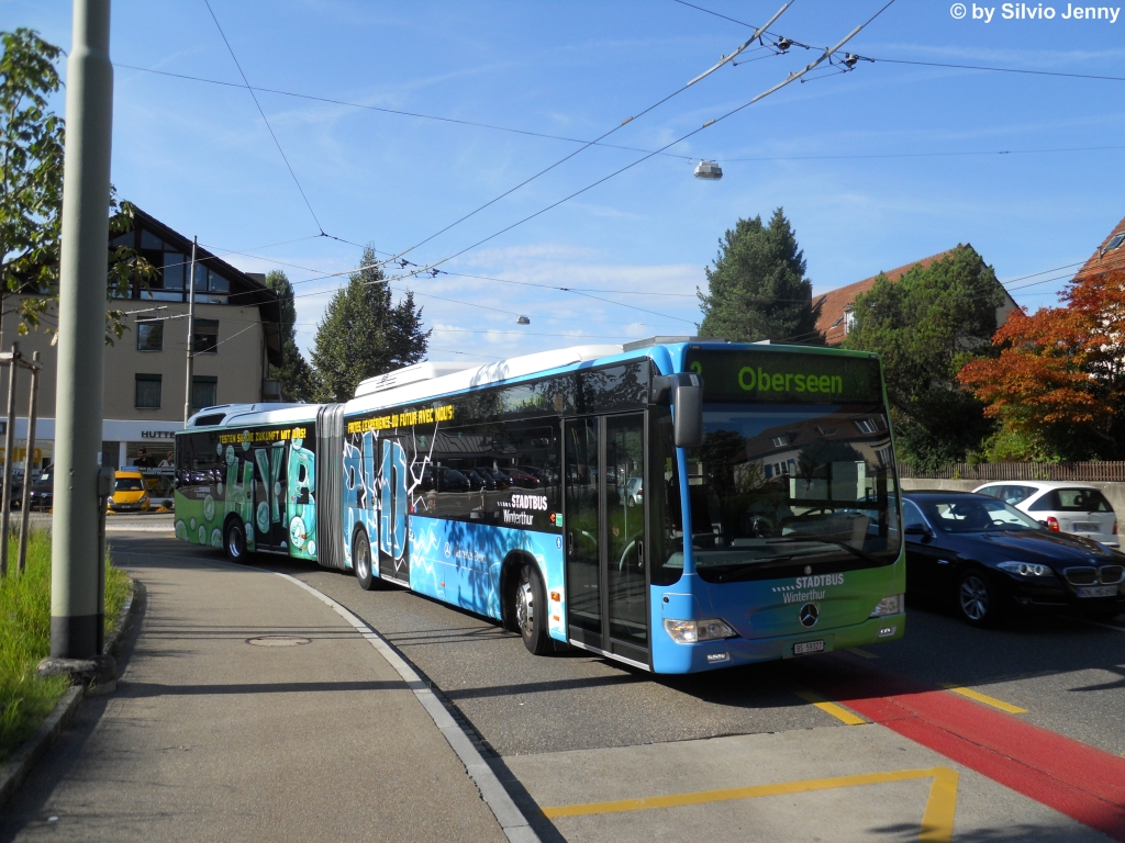 BS 59327 (Mercedes CitaroII O530GDH) am 31.8.2011 in Winterthur, Friedhof. Im September testet Stadtbus Winterthur den Hybrid-Citaro. Er wird vorwiegend auf den Linien 2 oder 3 eingesetzt.