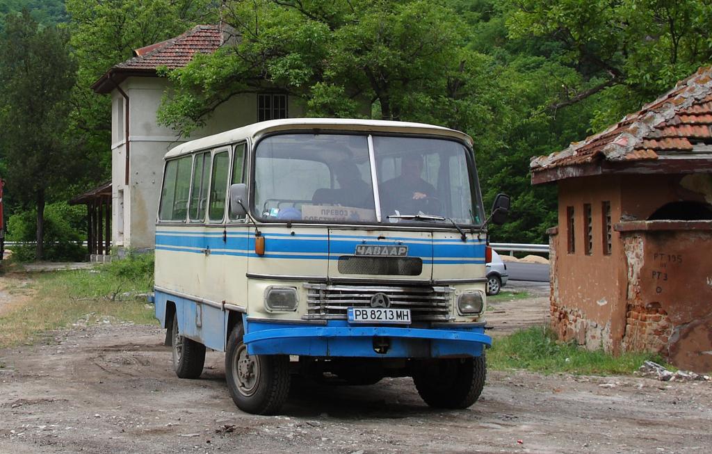 Dieser uralte Kleinbus befrderte am 9.5.2013 eine Arbeitergruppe bei 
Gleisarbeiten an der Rodophenbahn nahe Velingrad. Es handelt sich um 
einen russischen Typ der Marke Schawdar.