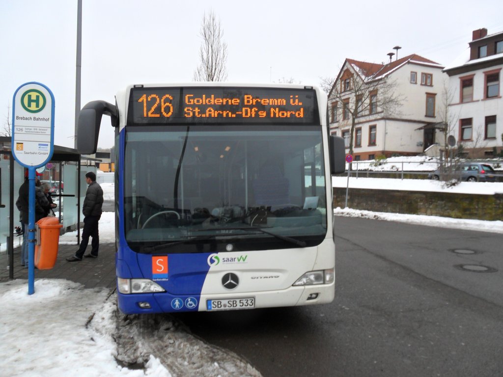 Dieses Foto zeigt einen neuen Citaro Bus von Saarbahn und Bus. Es ist einer von 8 neuen Citaro Bussen die seit Dezember 2010 im Einsatz sind. Das Foto habe ich im Januar 2011 in Saarbrcken Brebach gemacht.Leider war das Fahrzeug wegen der Witterung etwas unsauber.