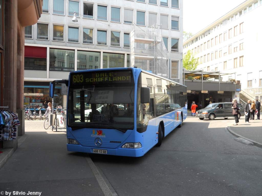 Distribus F 468 YZ 68 (Mercedes Citaro O530) am 21.4.2010 in Basel, Schifflnde. Basel ist fr seine grenzberschreitenden Ttigkeiten nach Deutschland und Frankreich bekannt, so liegt es nahe, das es ab Basel zwei Buslinien ins franzsische Elsass gibt.