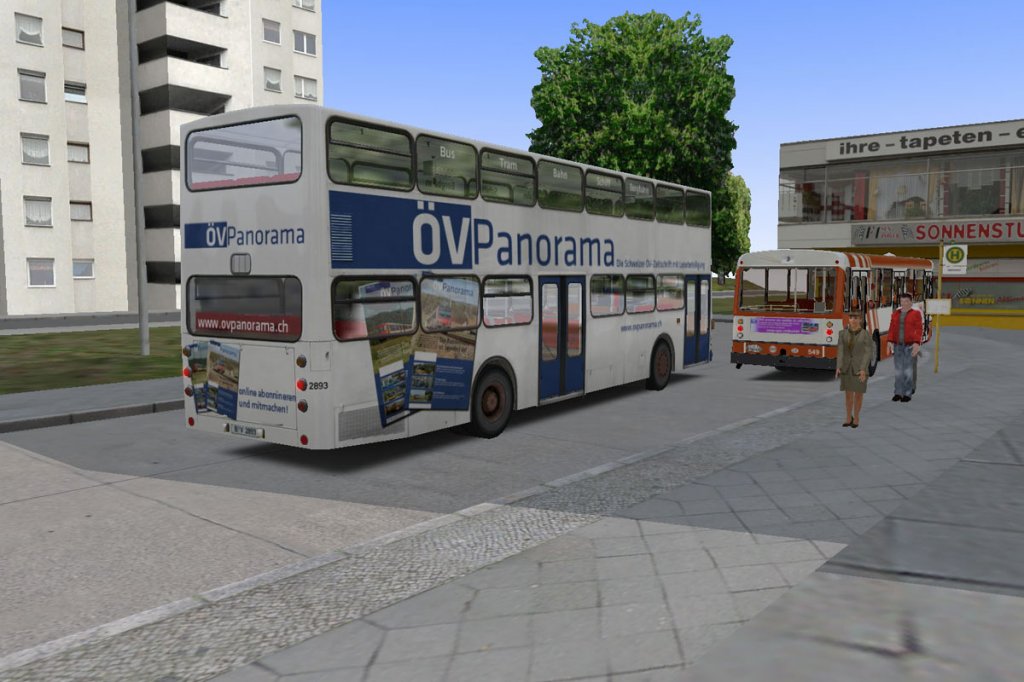 Ein Screen aus OMSI, dem Omnibussimulator. Ein MAN SD 200 (SD77) in einer Werbelackierung fr V Panorama, eine Schweizer V-Zeitschrift. Im Hintergrund ein FBW der transports publics genevois.