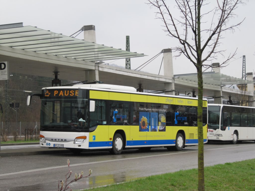 Ein Setra S415NF der Sihler KG mit Werbung fr Mirjam Care versehen. Der Bus wurde Ende 2011 beschafft als Ersatz fr Wagen 490 einen MAN NL263.