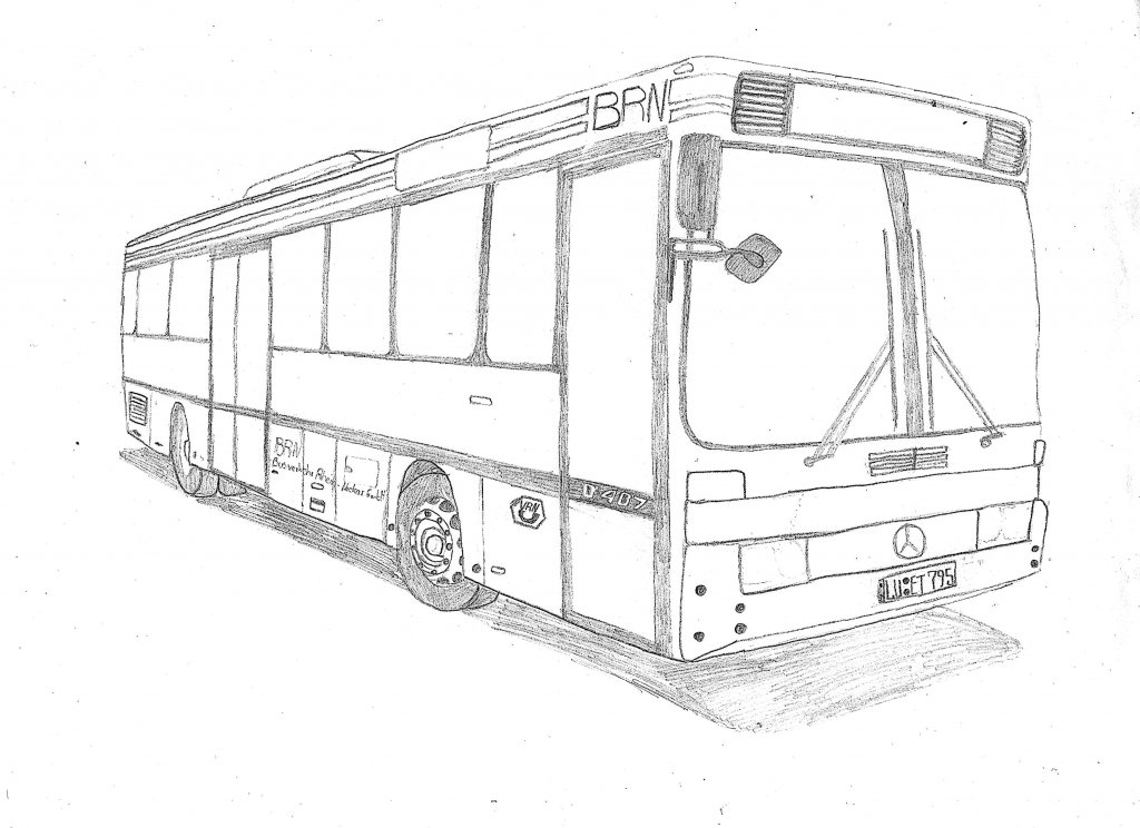 Eine von mir freihand angefertigte Bleistiftzeichnung eines Mercedes-Benz O 407 von BRN (Wagen 795), basierend auf folgendem Bild: http://upload.wikimedia.org/wikipedia/commons/9/95/BRN_bus_MB_O407_100_0355.jpg