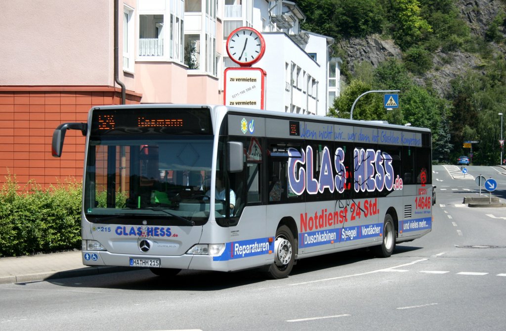 Hausemann und Mager 215 (HA HM 215) macht Werbung fr Glas Hess.
Hagen Hohenlimburg, 26.6.2010.