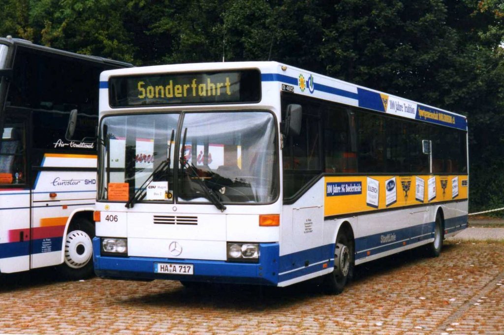 HST 406, ein Mercedes O405, aufgenommen im August 1998 auf dem Parkplatz der Westfalenhallen in Dortmund.