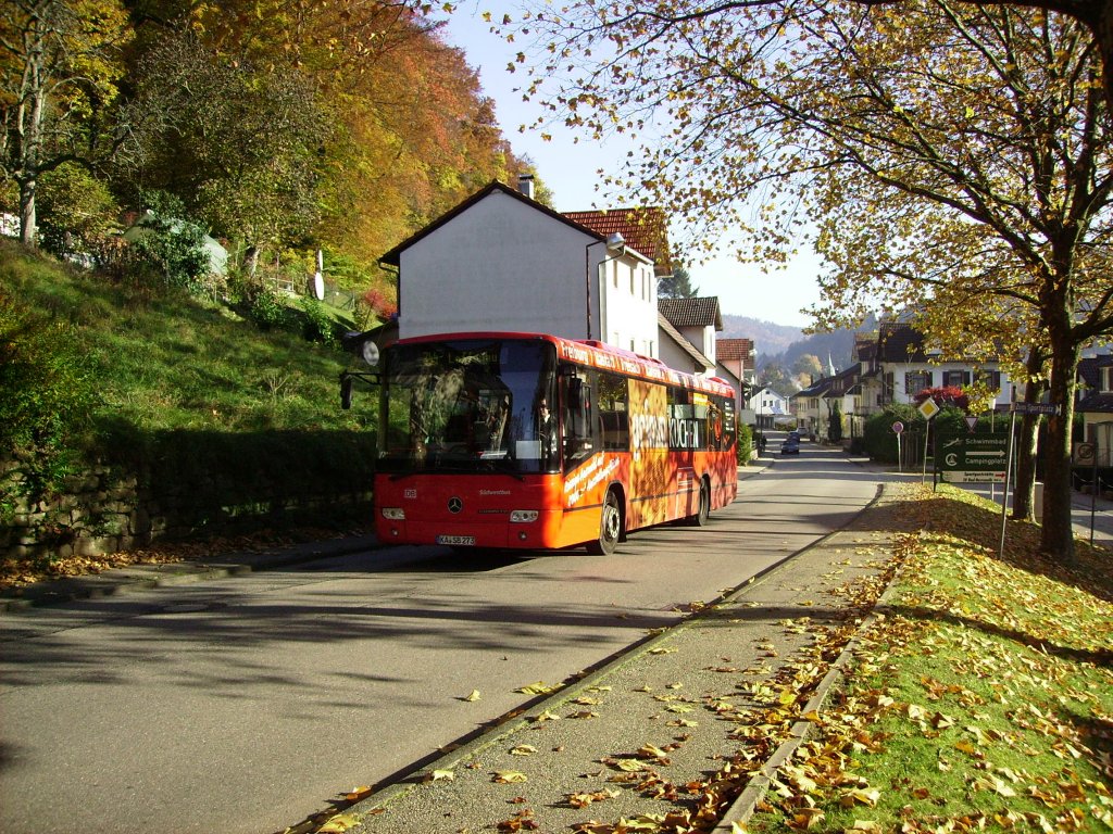 KA-SB 273 ist am Morgen des 31.10.2011 in der Gernsbacher Strae von Bad Herrenalb auf dem Weg nach Loffenau. Er verkehrt als Umleiterlinie 244E, denn aufgrund der Bahnbergangssperrung in Gernsbach ist die Linie 244 geteilt, sie verkehrt ab Gaggenau ber Michelbach, Freiolsheim, Moosbronn (bis hier als Linie 253) und weiter als Linie 244E ber Bad Herrenalb nach Loffenau. Zwischen Baden-Baden und Gernsbach verkehrt sie unverndert.