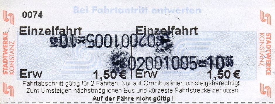 KONSTANZ (Landkreis Konstanz), 05.09.2008, Busticket für zwei Einzelfahrten von Konstanz-Wollmatingen zur Insel Mainau -- Fahrkarte eingescannt