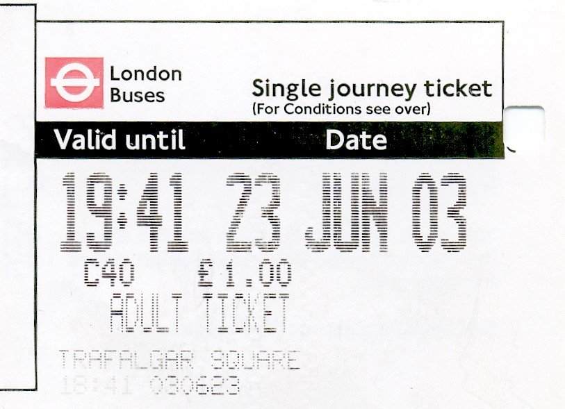 LONDON, 23.06.2003, Busticket vom Trafalgar Square zum Devonshire Place -- Fahrkarte eingescannt