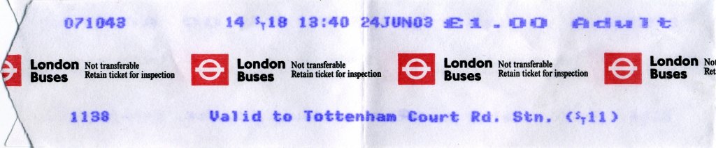 LONDON, 24.06.2003, Ticket zur Tottenham Court Road -- Fahrkarte eingescannt