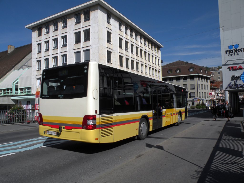 MAN Bus mit der Bertiebsnummer 116 auf der Linie 31 bei der Kuhbrcke in Thun. Die Aufnahme stammt vom 12.10.2011.