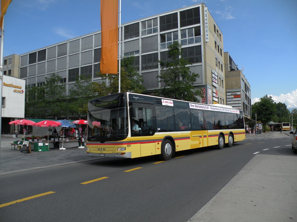 MAN Bus mit der Betriebsnummer 138 auf der Linie 3 am Bahnhof Thun. Die Aufnahme stammt vom 04.08.2012.
