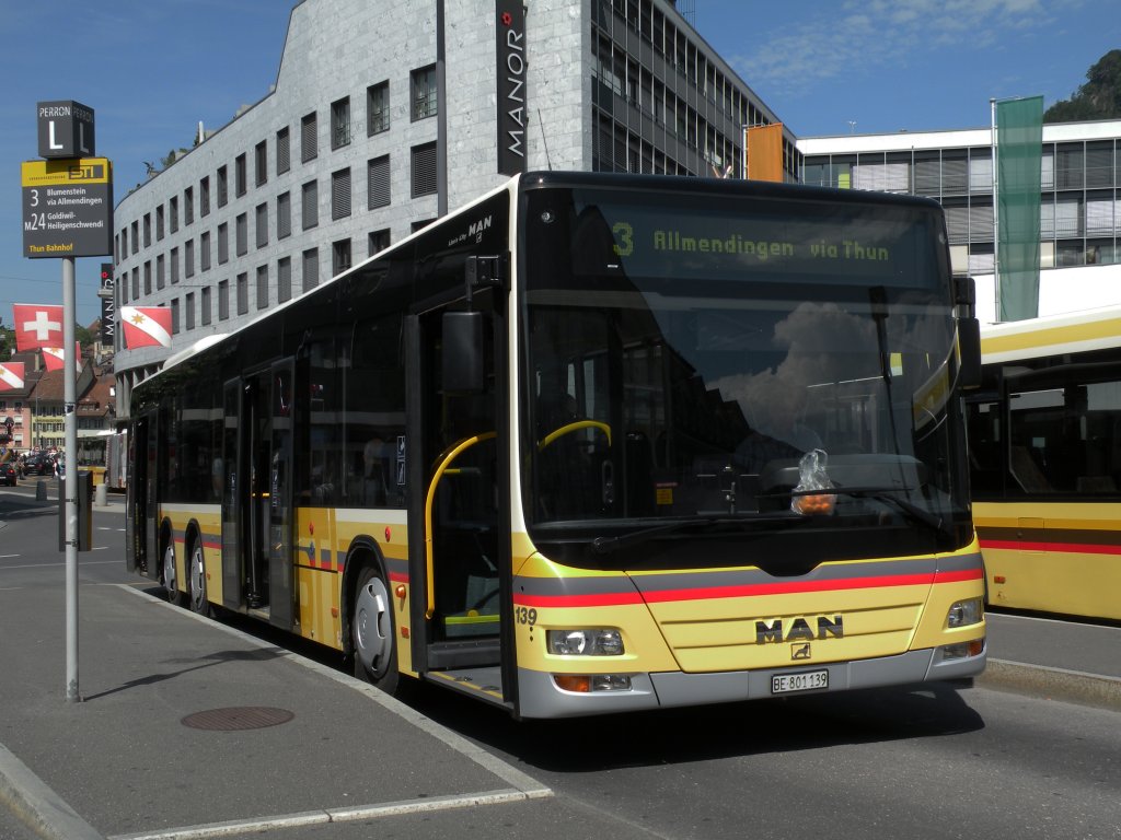 MAN Bus mit der Betriebsnummer 139 auf der Linie 3 am Bahnhof Thun. Die Aufnahme stammt vom 04.08.2012.