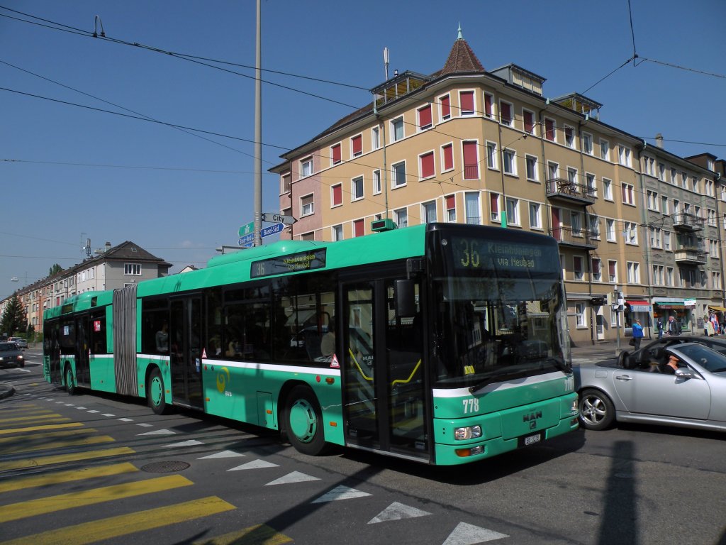 MAN Bus mit der Betriebsnummer 778 auf der Linie 36 am Morgartenring in Basel. Die Aufnahme stammt vom 19.04.2011.