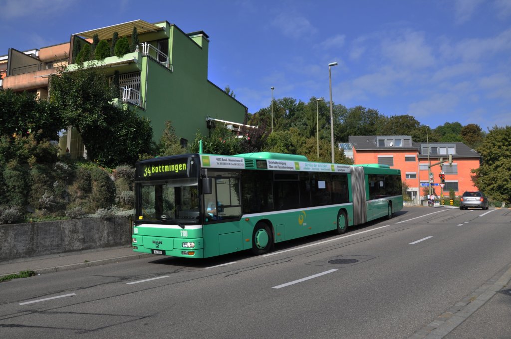 MAN Bus mit der Betriebsnummer 780 auf der Linie 34 fhrt Richtung Endhaltestelle in Bottmingen. Die Aufnahme stammt vom 15.09.2011.