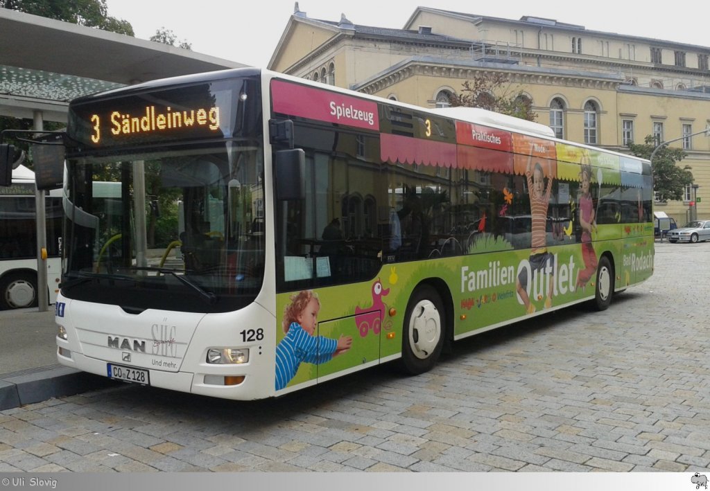 MAN Lion's City  Stdtische Werke berland Werke Coburg (SC) Bus und Aquaria GmbH  mit Vollwerbung fr das Familien Outlet von Haba, Jako-O und Wehrfritz.