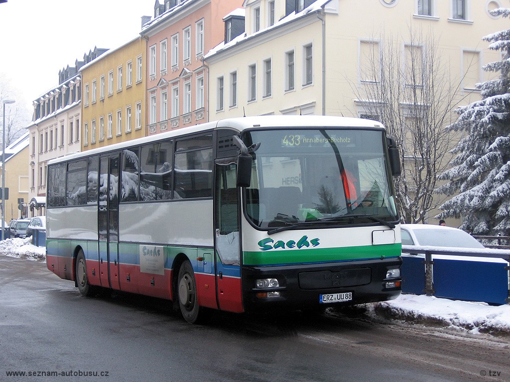MAN L313 Saschs Geyer auf der Linie 433 in Annaberg-Buchholz. Busbetrieb Sachs ist ein Subunternehmer der RVE.