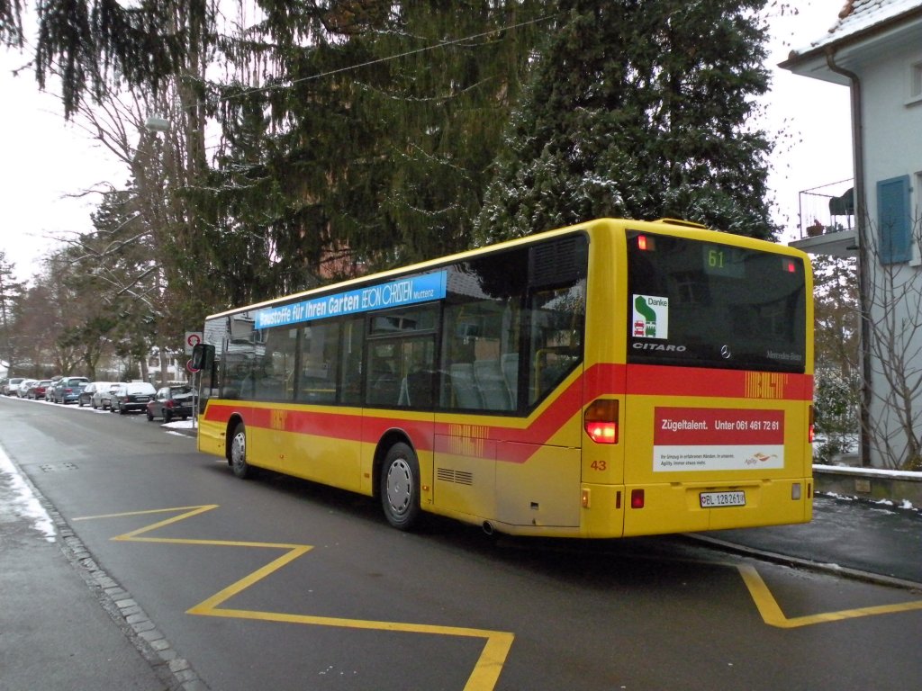 Mercedes Citaro der BLT mit der Betriebsnummer 43 an der Neuweilerstrasse. Die Aufnahme stammt von 31.01.2010.