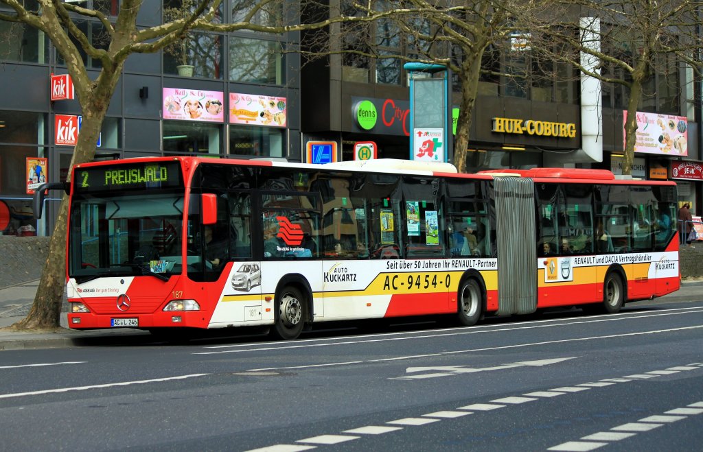 Mercedes Citaro Gelenkbus Nr. 187 der ASEAG am 18.04.2013 als Linie 2 zum Preuswald an der Haltestelle Alter Posthof in Aachen.