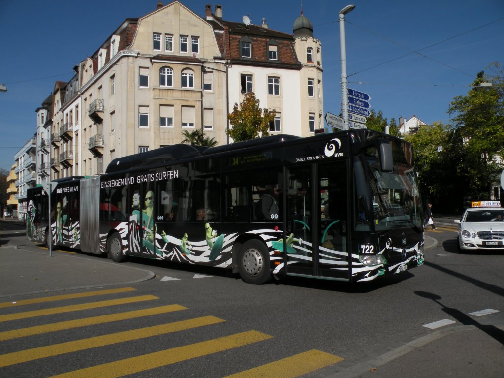 Mercedes Citaro mit der Betriebsnummer 722 auf der Linie 34 fhrt zur Haltestelle Wettsteinplatz. Die Aufnahme stammt vom 19.10.2012.
