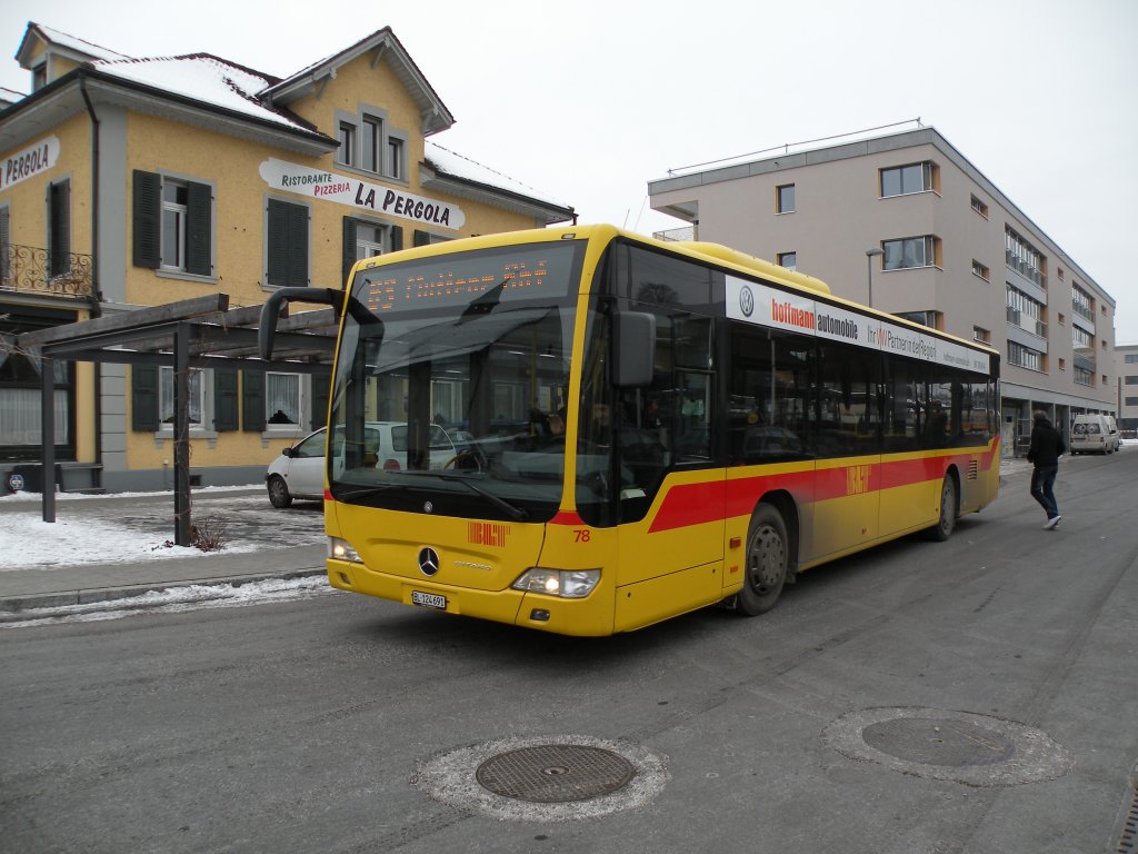 Mercedes Citaro mit der Betriebsnummer 78 auf der Linie 63 Richtung Bahnhof Muttenz unterwegs. Die Aufnahme stammt vom 13.02.2012. 