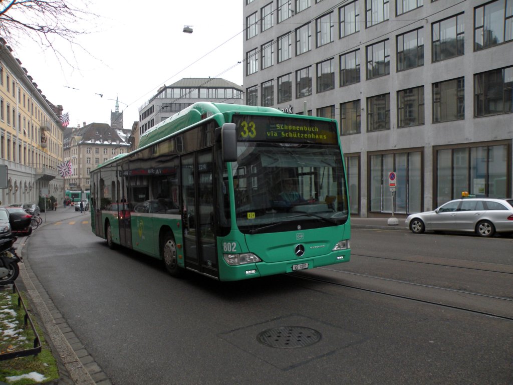 Mercedes Citaro mit der Betriebsnummer 802 im Blumenrain Richtung Universittsspital. Die Aufnahme stammt vom 17.02.2010.
