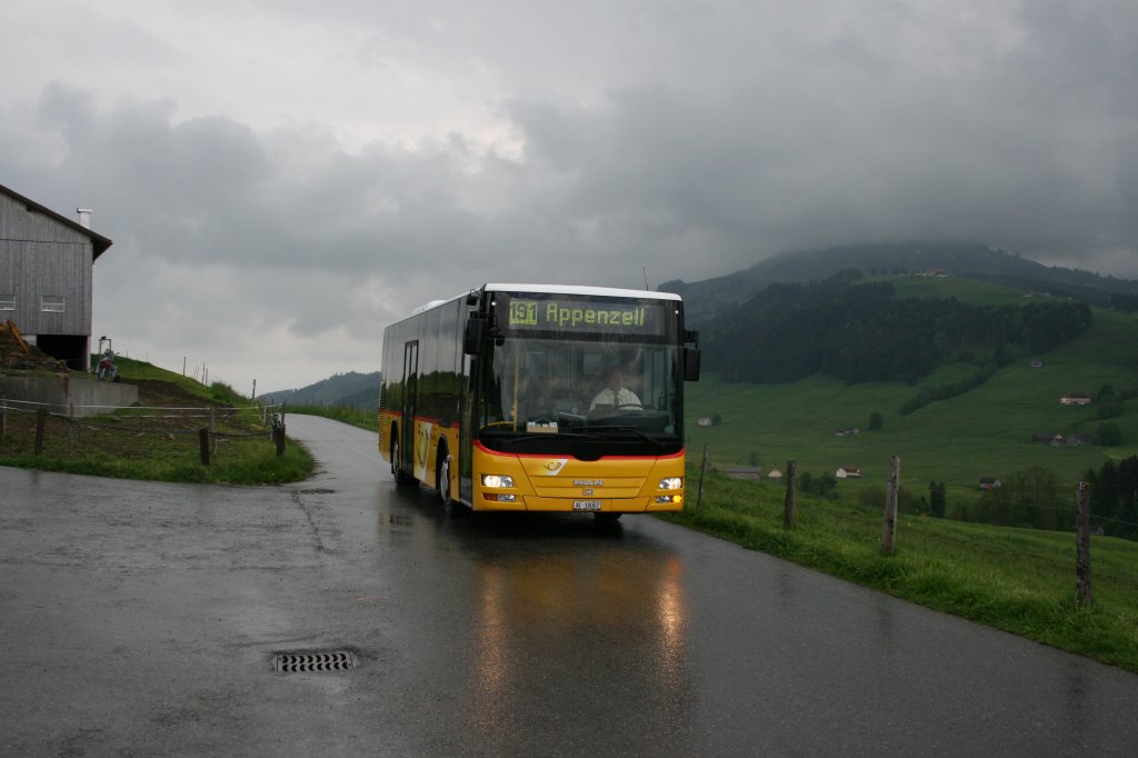 Nur einzelne Kurse zwischen Appenzell und Eggerstanden bedienen die Siedlungen entlang der oberen Hirschbergstrasse. Auf einem dieser Kurse ist am 28.5.2010 der MAN A35 von PU Haas unterwegs in Richtung des Kantonshauptortes. 
