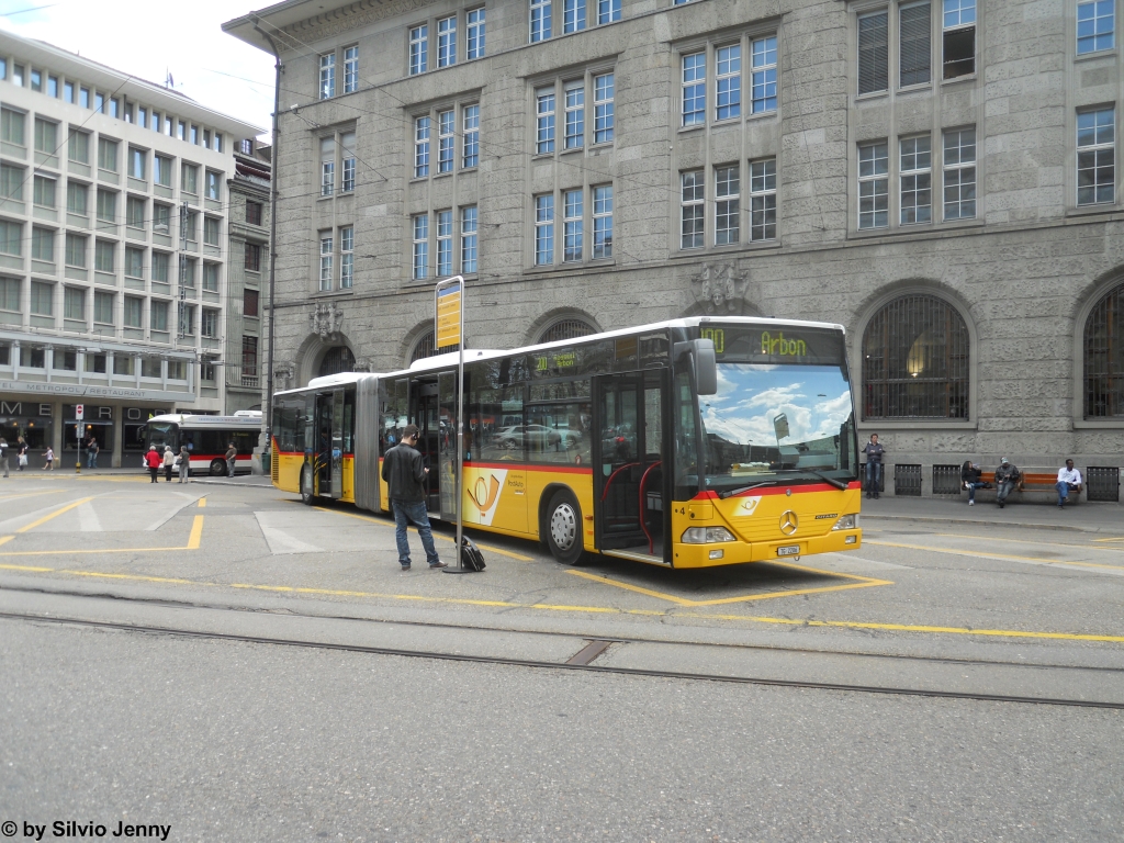 Postauto/PU Eurobus Nr. 4 ''Wittenbach'' (Mercedes Citaro O530G) am 4.5.2012 beim Bhf. St.Gallen. Dieser Citaro, sowie 2 Schwesterfahrzeuge bei Eurobus gehren zu den ltesten Citaro G, die bei Postauto im Einsatz sind.