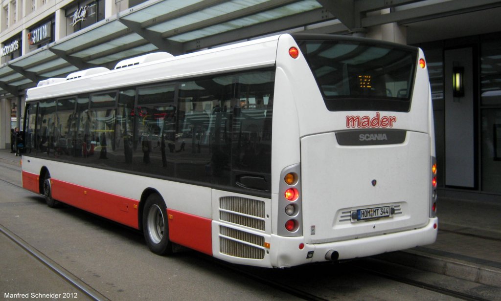 Scania Bus der Firma Mader Reisen aus Homburg Saar. Das Foto habe ich im April 2012 in Saarbrcken gemacht.