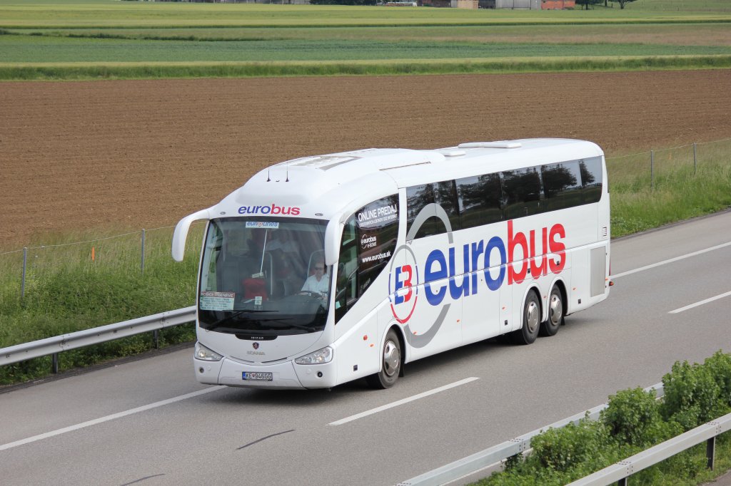 Scania Irizar aux couleurs eurobus photographi le 27.05.2012 sur l'autoroute Zurich - Berne