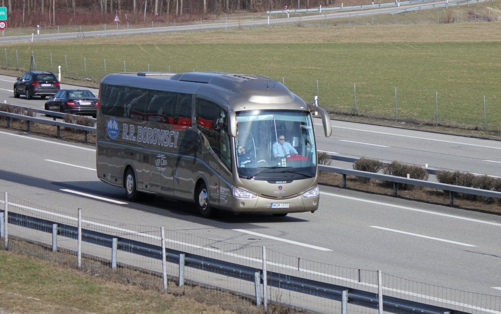Scania Irizar de la maison R.R. Borowscy (Pologne) photographi sur l'autoroute Zurich - Berne  la hauteur de Oensingen le 10.03.2012