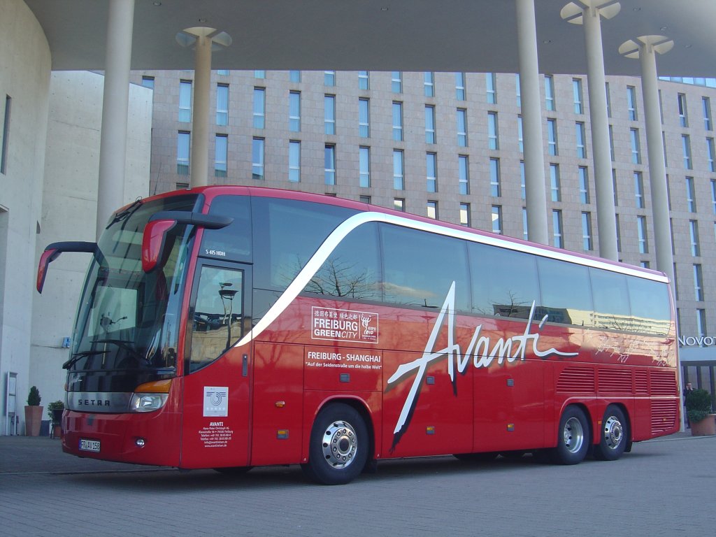 Setra S 415 HDH  Avanti , dieser 5-Sterne-Bus fuhr 2010 von Freiburg nach Shanghai und zurck, 06.03.2012 Freiburg
