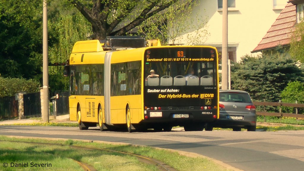 Solaris Hybridbus am 22,04,11 an der Cmmerswalder Strasse hier mal fr Linie 63 nach Pillnitz unterwegs.
Dresden