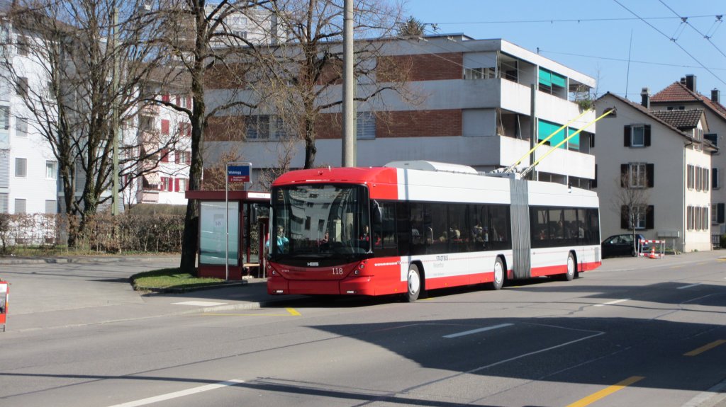 Stadtbus Nr. 118 am 21.3.2012 bei der früheren Kehrschleife Waldegg. Hier soll ab Dez. 2014 das Wenden der Einsatzkurse wieder reaktiviert werden.
