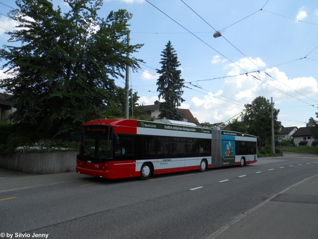 Stadtbus Winterthur Nr.108 (Hess Swisstrolley BGT-N1C) am 28.5.2012 bei der Haltestelle Grntal.