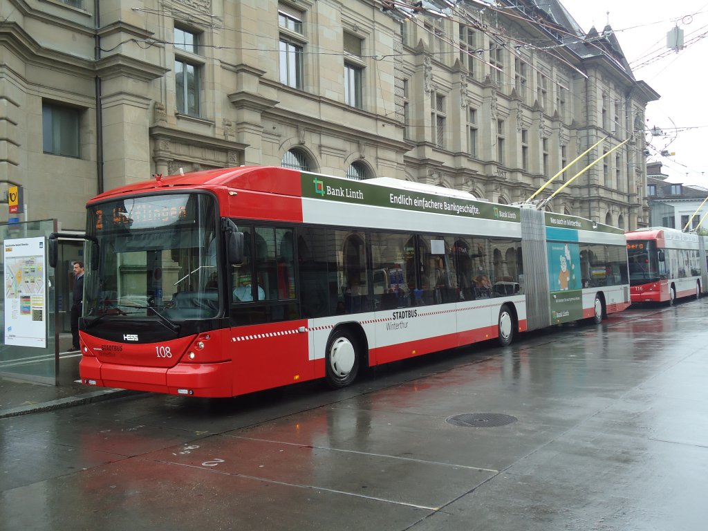 SW Winterthur - Nr. 108 - Hess/Hess Gelenktrolleybus am 12. September 2012 beim Hauptbahnhof Winterthur
