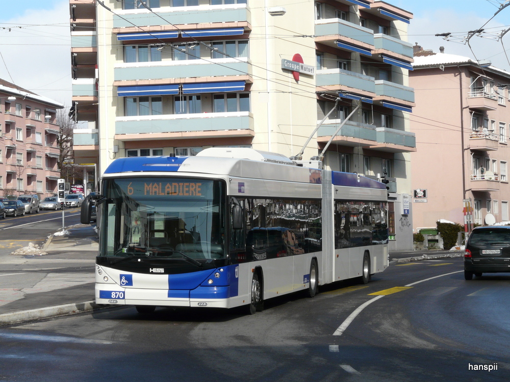tl - Hess Swisstrolley BGT-N2C Nr.870 unterwegs auf der Linie 6 in der Stadt Lausanne am 16.02.2013
