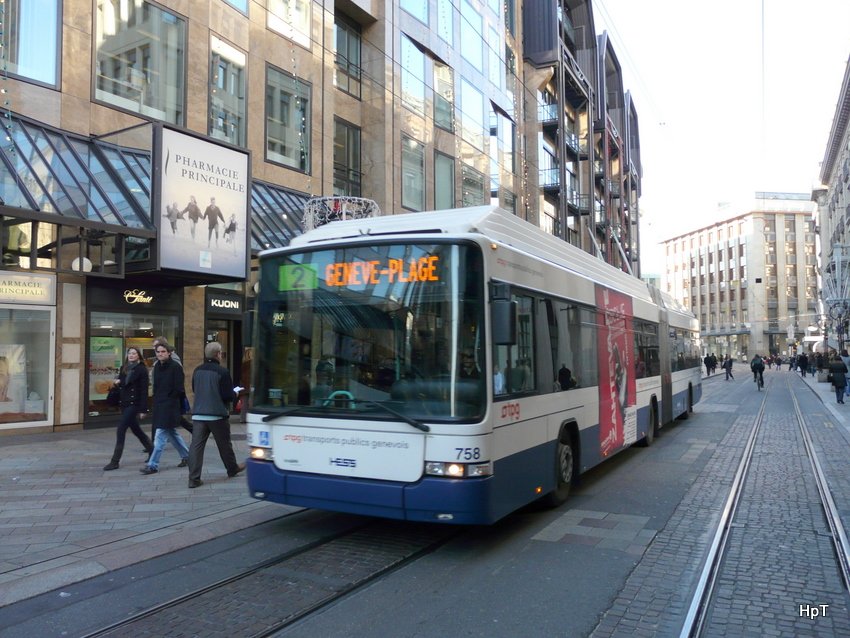 TPG - Hess-Swisstrolley BGT-N2C Nr.758 GE unterwegs auf der Linie 2 in der Stadt Genf am 11.12.2009