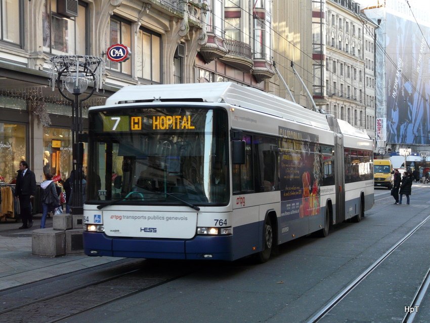 TPG - Hess-Swisstrolley BGT-N2C Nr.764 GE unterwegs auf der Linie 7 in der Stadt Genf am 11.12.2009
