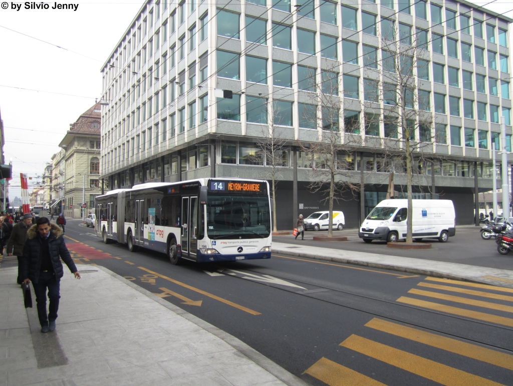 tpg Nr. 196 (Mercedes CitaroII O530G) am 7.3.2013 in Genf, Bel-Air als Eilkurs der Linie 14.