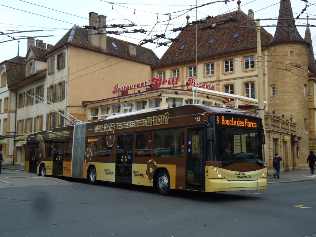 transN, La Chaux-de-Fonds - Nr. 148 - Hess/Hess Gelenktrolleybus (TN Neuchtel Nr. 148) am 29. Dezember 2012 in Neuchtel, Place Pury
