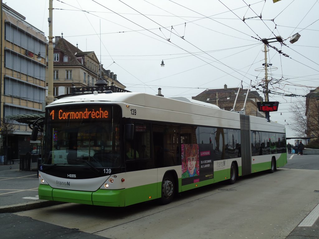 transN, La Chaux-de-Fonds - Nr. 139 - Hess/Hess Gelenktrolleybus (ex TN Neuchtel Nr. 139) am 29. Dezember 2012 in Neuchtel, Place Pury