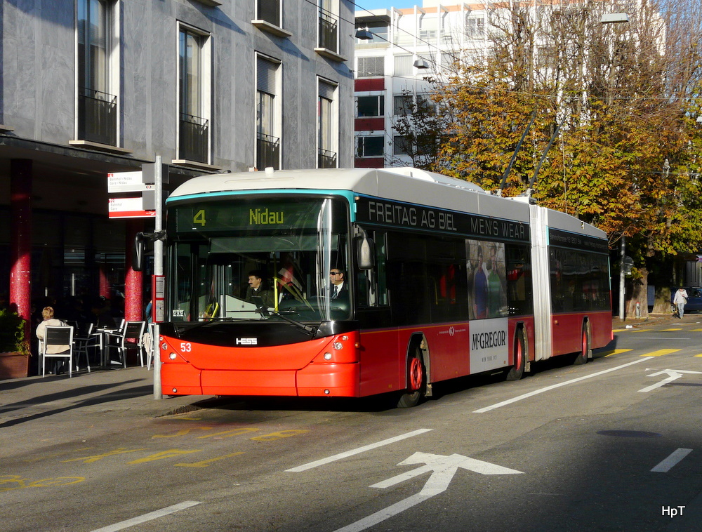 VB Biel - Hess-Swisstrolleybus BGT-N2C Nr.53 unterwegs auf der Linie 4 in der Stadt Biel am 13.11.2010
