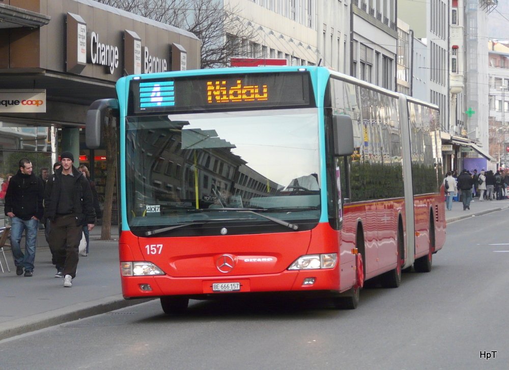 VB Biel - Mercedes Citaro Nr.157  BE 666157 unterwegs auf der Linie 4 in der Stadt Biel am 17.03.2010