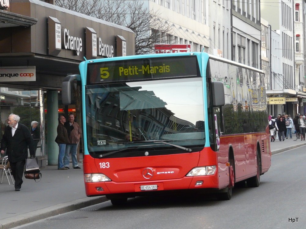 VB Biel - Mercedes Citaro Nr.183 BE 654183 unterwegs auf der Linie 5 in der Stadt Biel am 17.03.2010