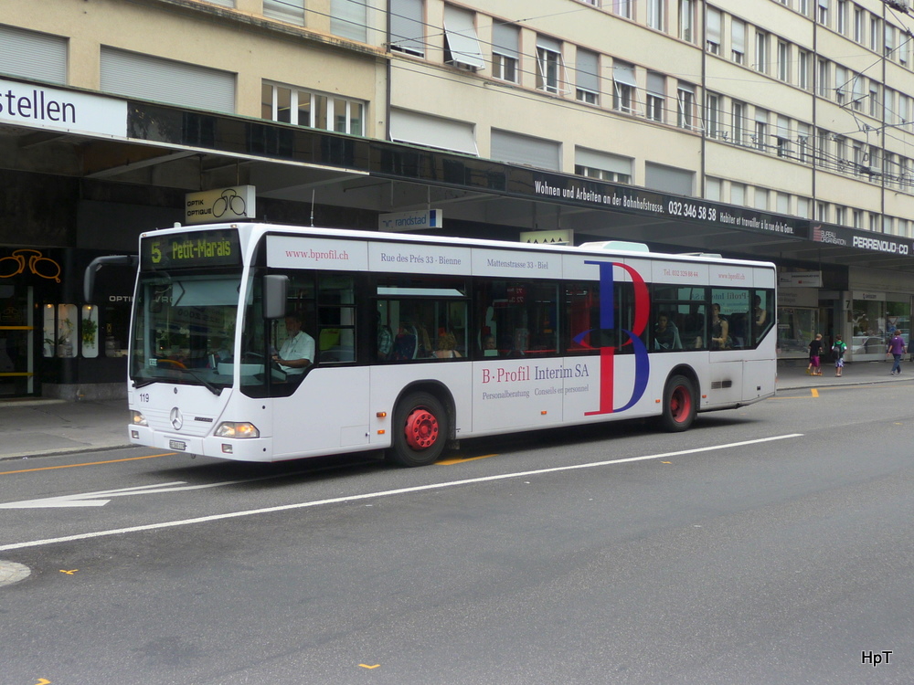 VB Biel - Mercedes Citaro  Nr.119  BE 560119 mit Werbung unterwegs auf der Linie 5 in Biel am 05.08.2011